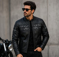 Men’s Black Skull Embroidered Leather Jacket | Gothic Motorcycle Biker Jacket | Cafe Racer Real Leather Coat