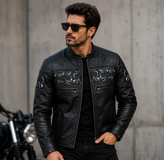 Men’s Black Skull Embroidered Leather Jacket | Gothic Motorcycle Biker Jacket | Cafe Racer Real Leather Coat