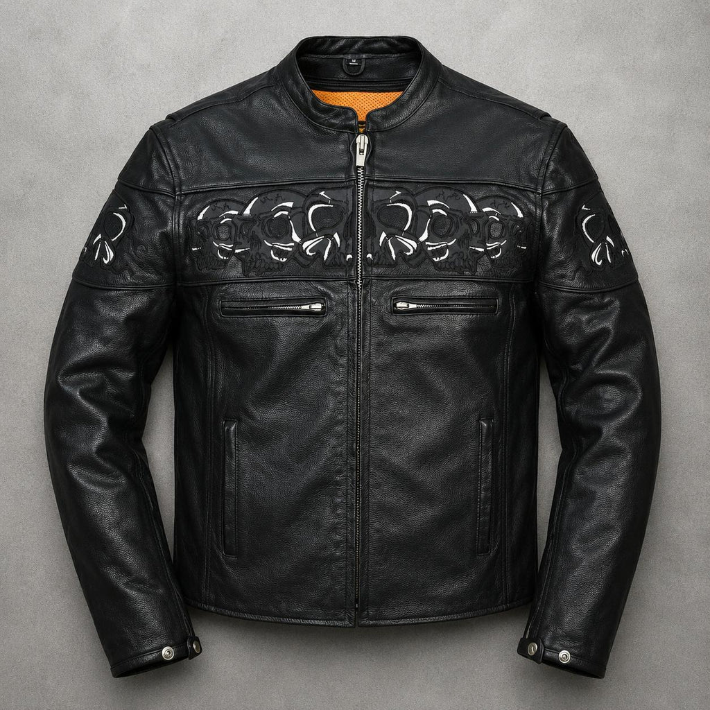 Men’s Black Skull Embroidered Leather Jacket | Gothic Motorcycle Biker Jacket | Cafe Racer Real Leather Coat