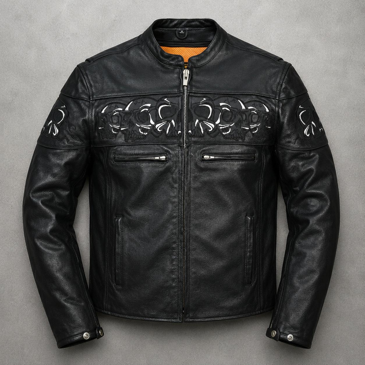 Men's Skull Print Café Racer Leather Jacket – Black Moto Biker Jacket