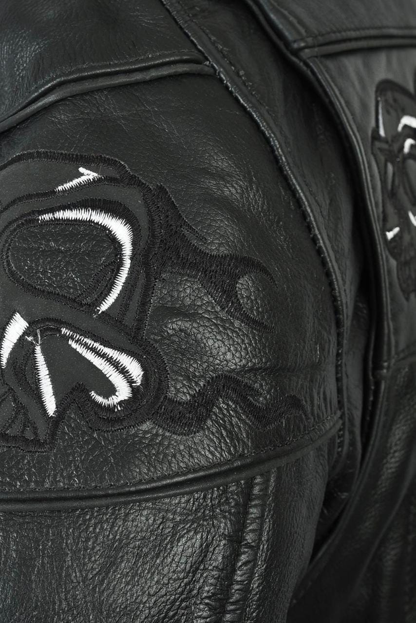 Men's Skull Print Café Racer Leather Jacket – Black Moto Biker Jacket