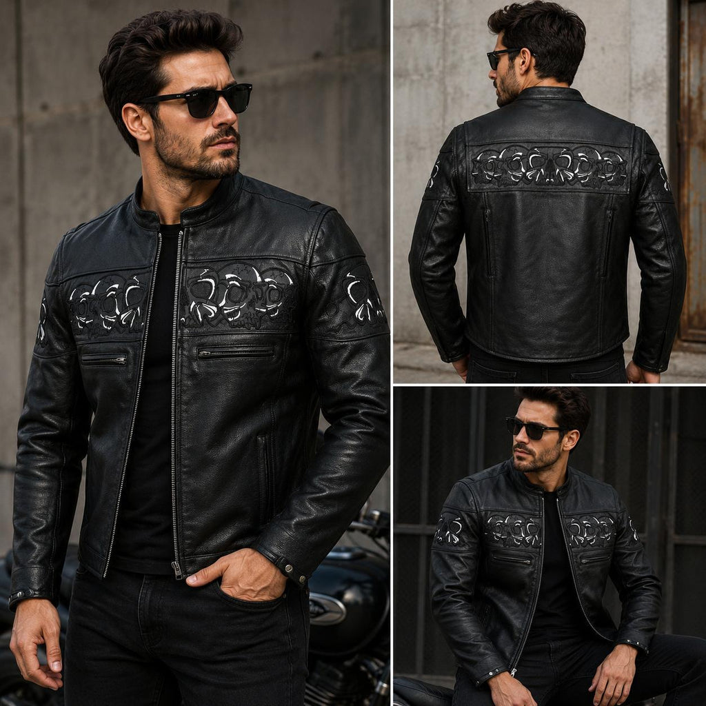 Men’s Black Skull Embroidered Leather Jacket | Gothic Motorcycle Biker Jacket | Cafe Racer Real Leather Coat