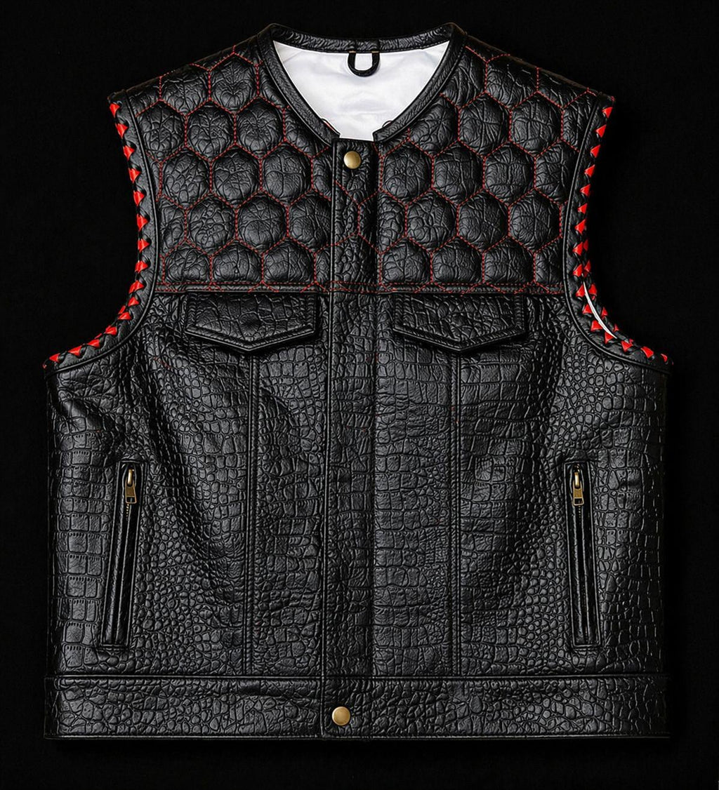 Black Crocodile Texture Leather Vest for Men – Quilted Biker Vest with Red Stitching – Premium Handmade Sleeveless Jacket Streetwear Fashion