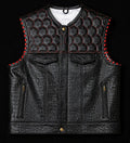 Black Crocodile Texture Leather Vest for Men – Quilted Biker Vest with Red Stitching – Premium Handmade Sleeveless Jacket Streetwear Fashion