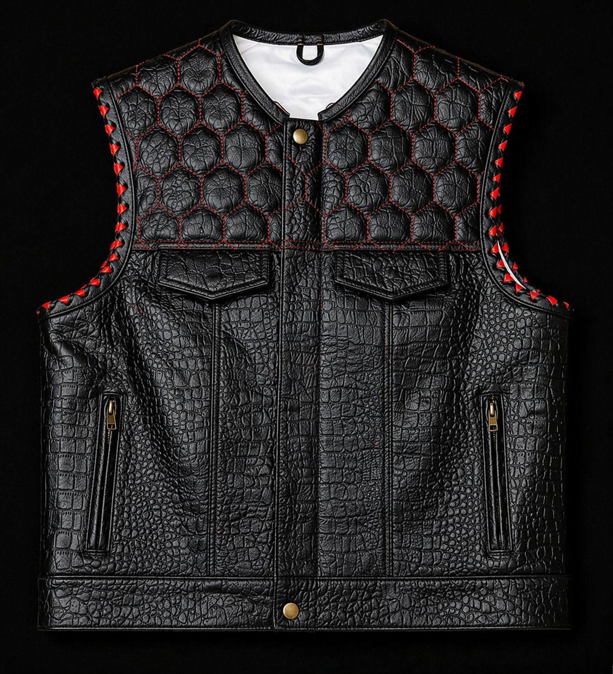 Black Crocodile Texture Leather Vest for Men – Quilted Biker Vest with Red Stitching – Premium Handmade Sleeveless Jacket Streetwear Fashion