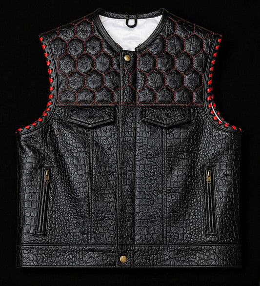 Black Crocodile Texture Leather Vest for Men – Quilted Biker Vest with Red Stitching – Premium Handmade Sleeveless Jacket Streetwear Fashion