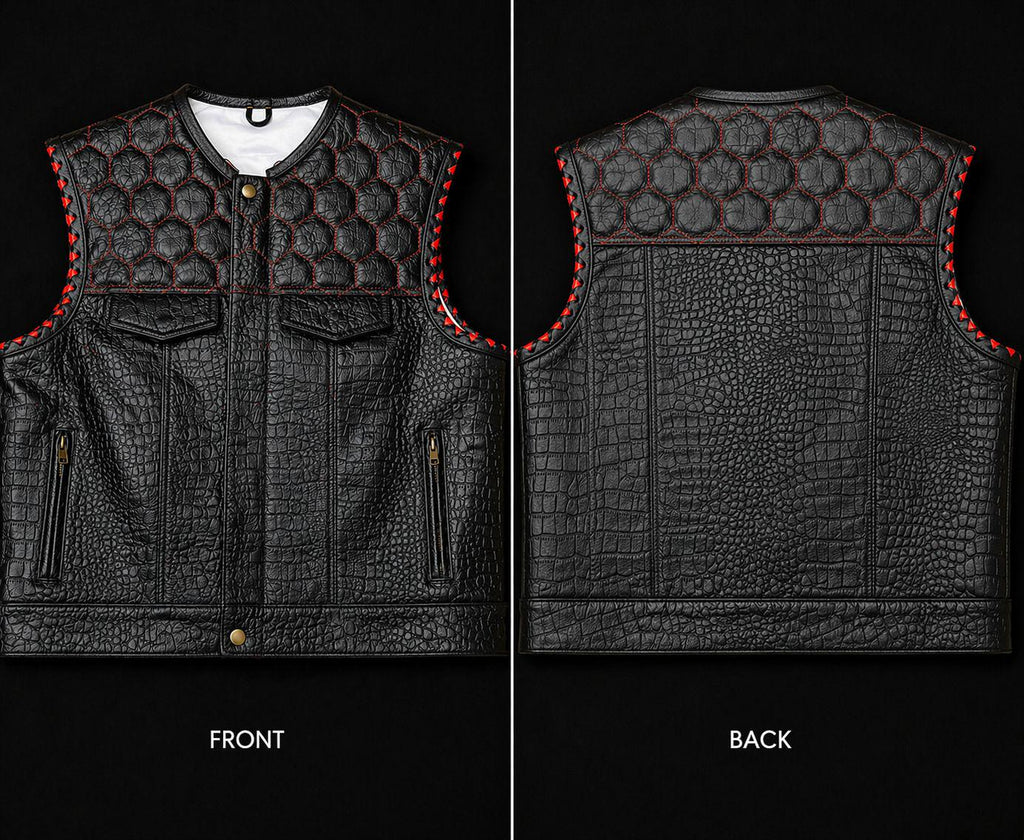 Black Crocodile Texture Leather Vest for Men – Quilted Biker Vest with Red Stitching – Premium Handmade Sleeveless Jacket Streetwear Fashion