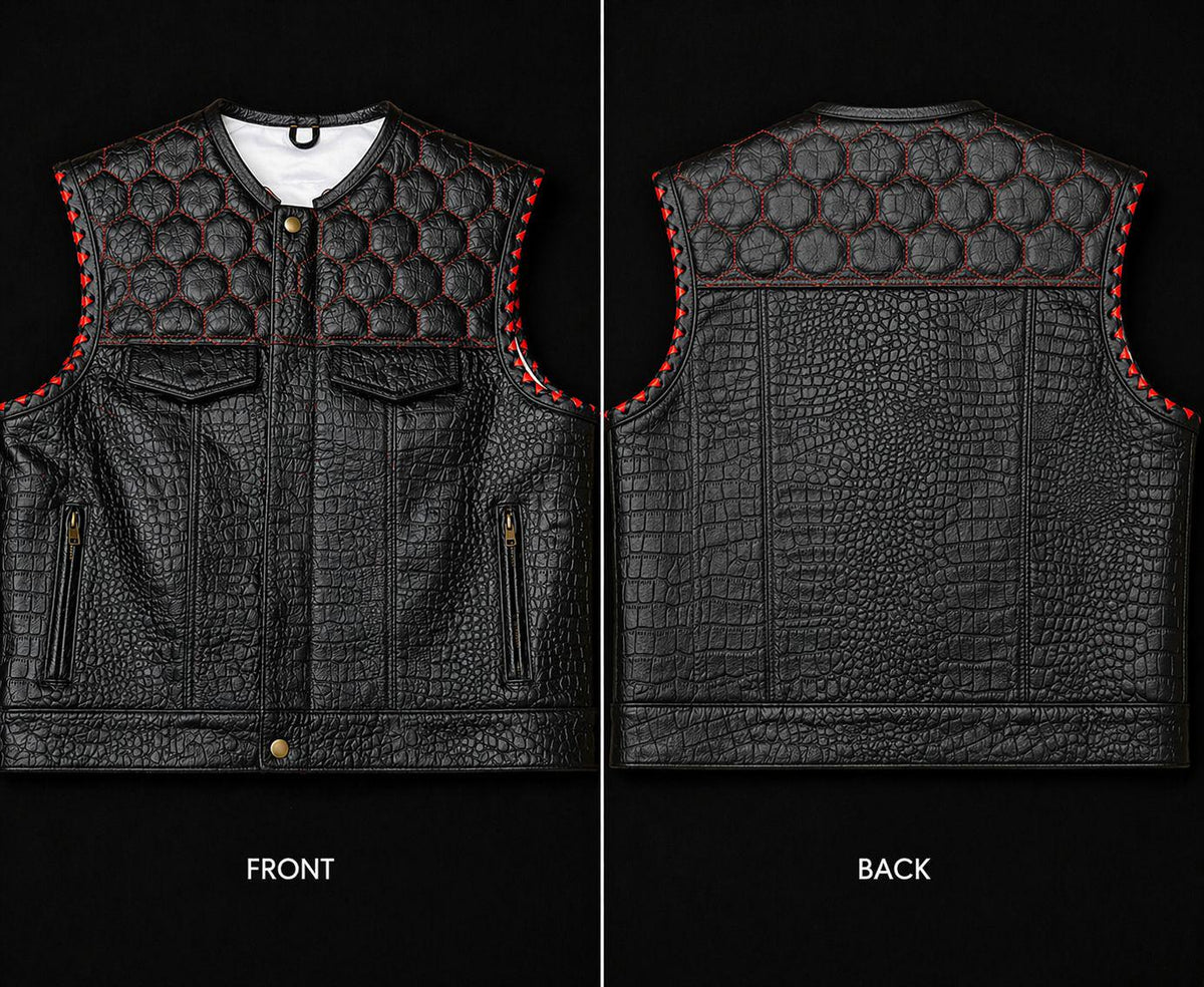 Black Crocodile Texture Leather Vest for Men – Quilted Biker Vest with Red Stitching – Premium Handmade Sleeveless Jacket Streetwear Fashion
