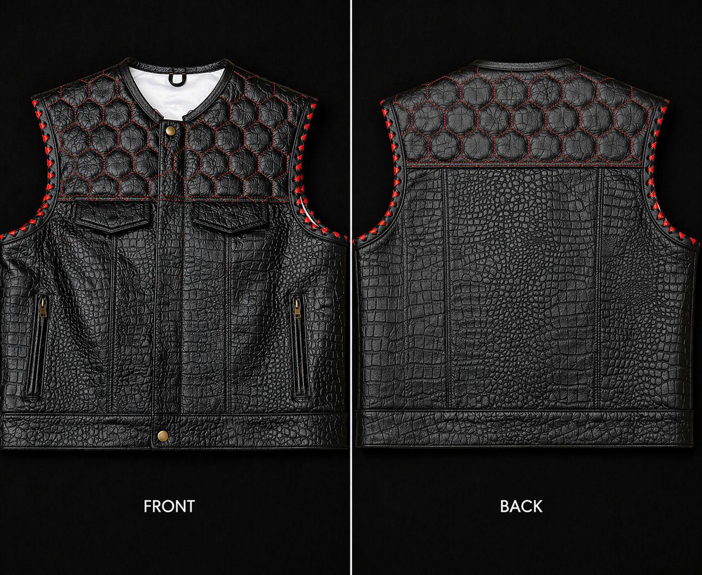 Black Crocodile Texture Leather Vest for Men – Quilted Biker Vest with Red Stitching – Premium Handmade Sleeveless Jacket Streetwear Fashion