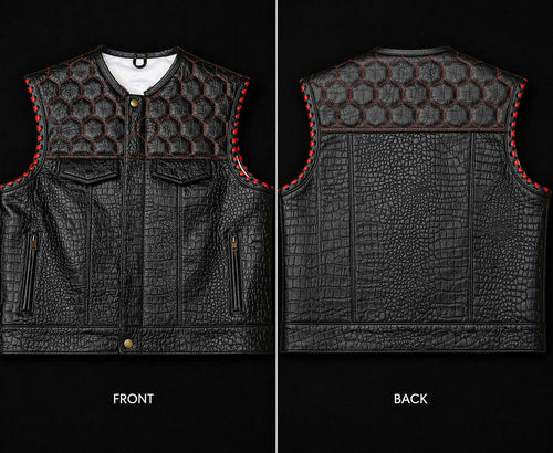 Black Crocodile Texture Leather Vest for Men – Quilted Biker Vest with Red Stitching – Premium Handmade Sleeveless Jacket Streetwear Fashion