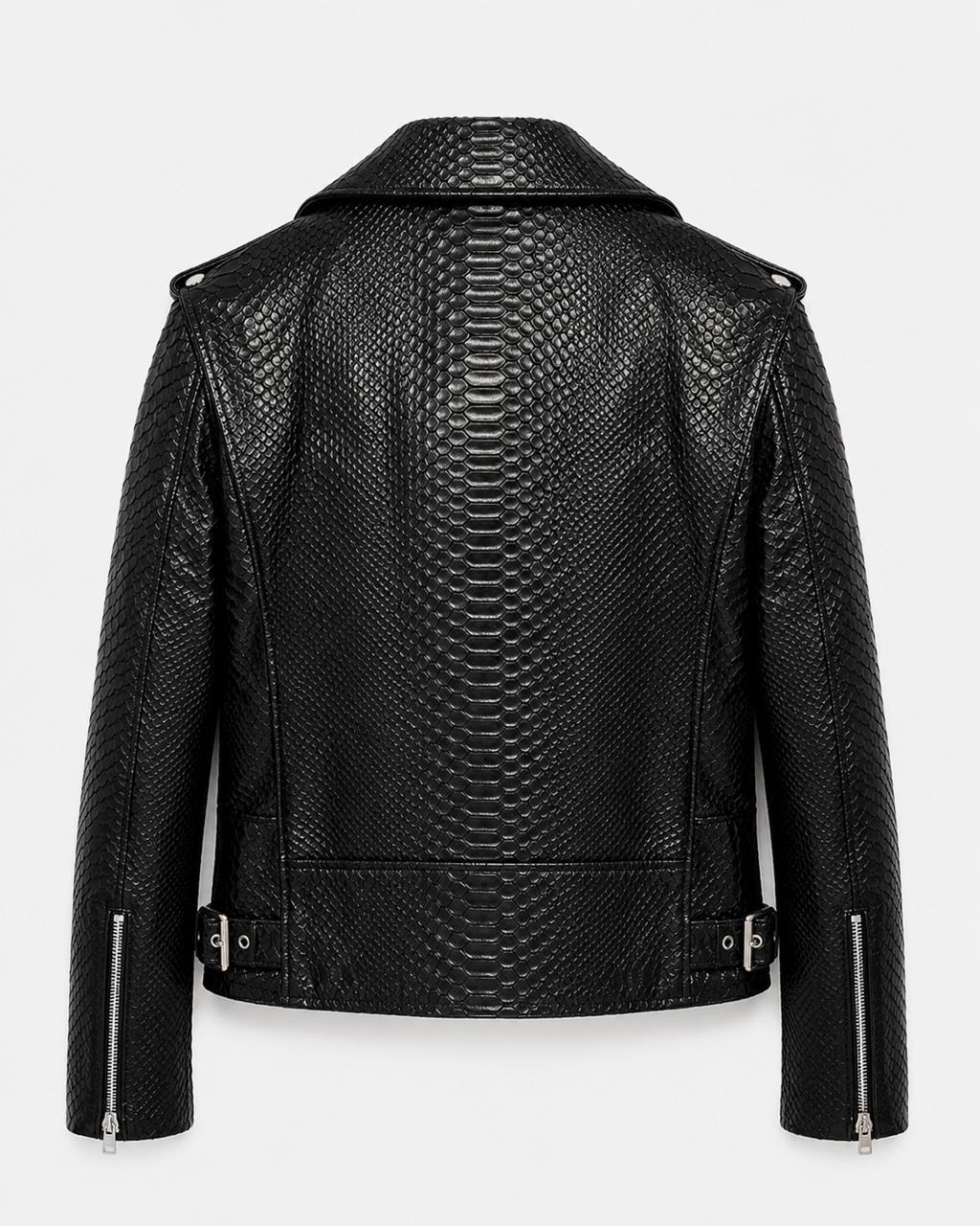Men's Snakeskin Embossed Leather Biker Jacket – Black Python Print Moto Jacket