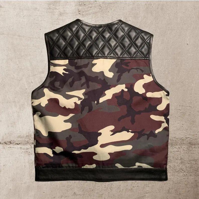 Men’s Black Leather Camo Motorcycle Vest | Quilted Biker Vest