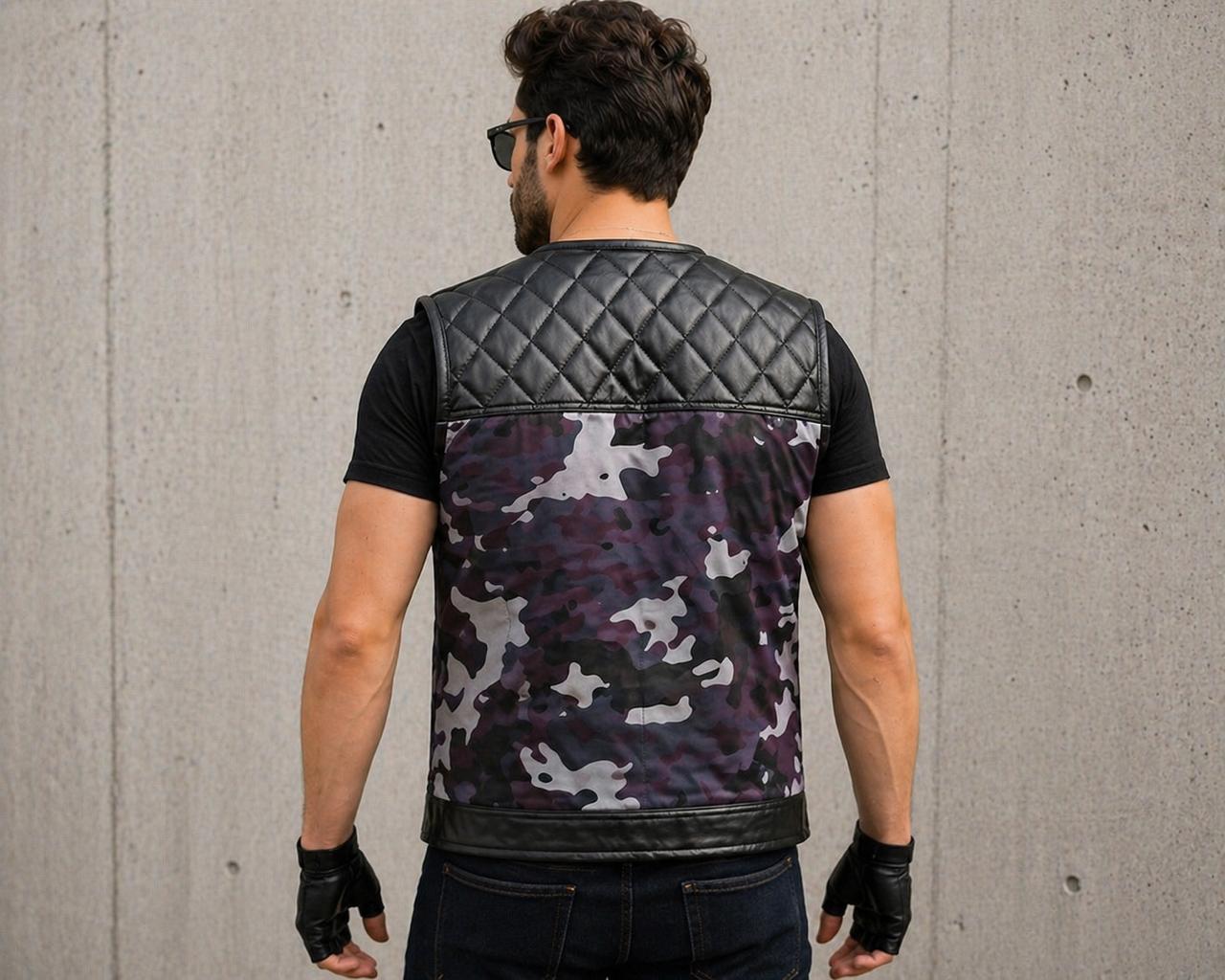 Men’s Black Leather Camo Motorcycle Vest | Quilted Biker Vest