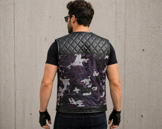 Men’s Black Leather Camo Motorcycle Vest | Quilted Biker Vest