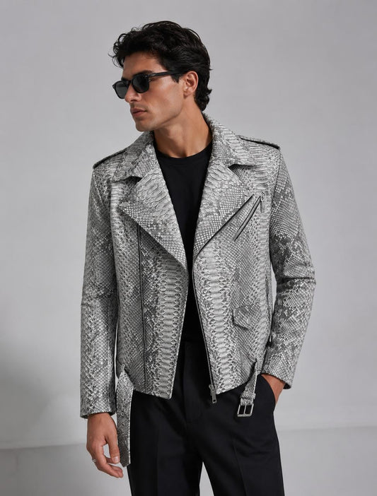 Men’s Premium Python Embossed Leather Biker Jacket – Silver Snakeskin Moto Jacket – Handmade Luxury Motorcycle Leather Coat