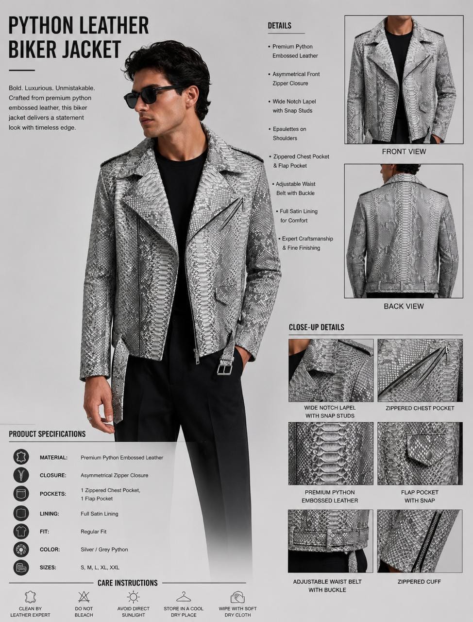 Men’s Premium Python Embossed Leather Biker Jacket – Silver Snakeskin Moto Jacket – Handmade Luxury Motorcycle Leather Coat
