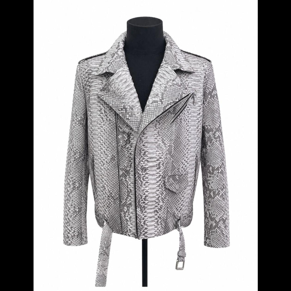 Men's Grey Snakeskin Embossed Leather Moto Jacket – Belted Python Print Biker Jacket