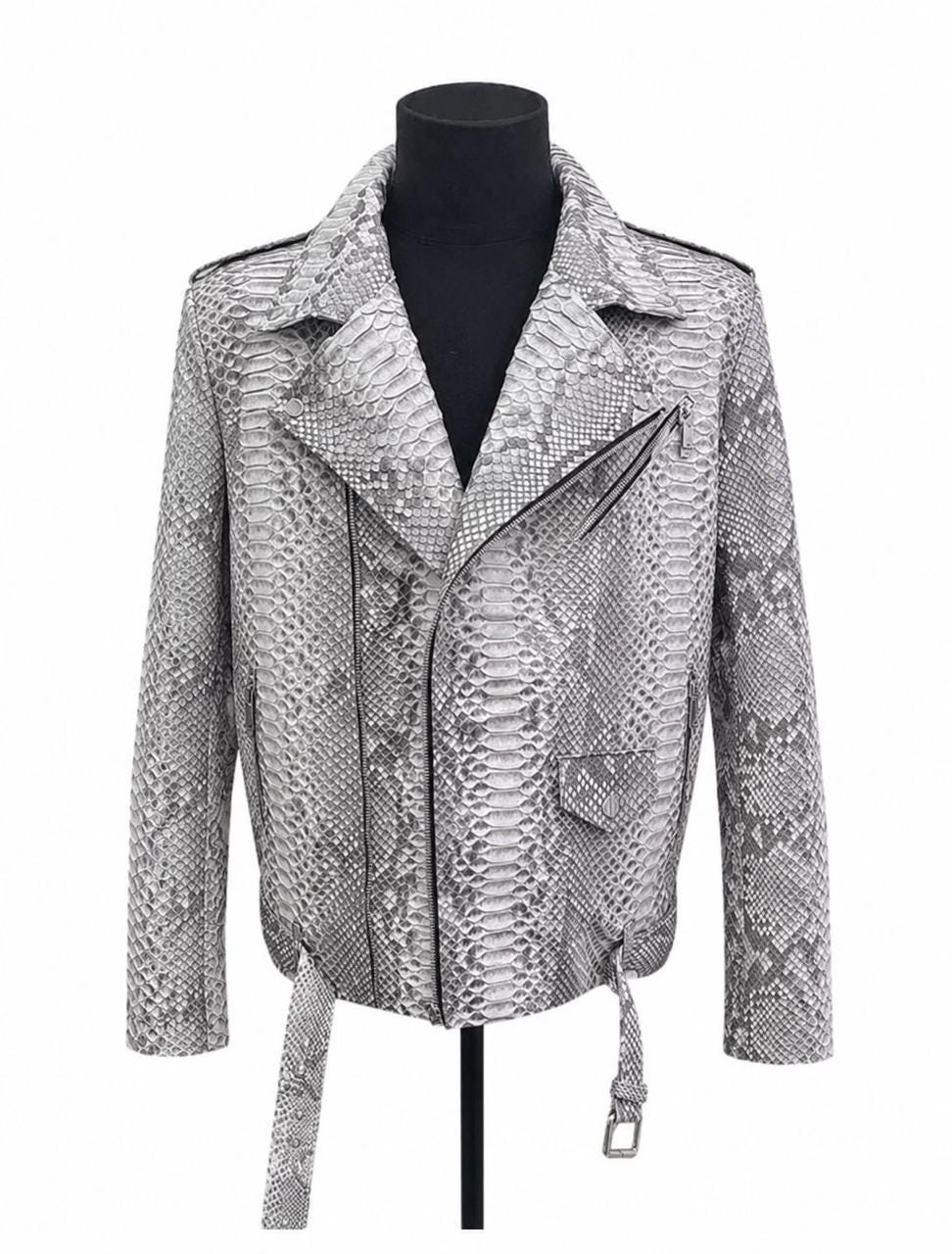 Men’s Premium Python Embossed Leather Biker Jacket – Silver Snakeskin Moto Jacket – Handmade Luxury Motorcycle Leather Coat