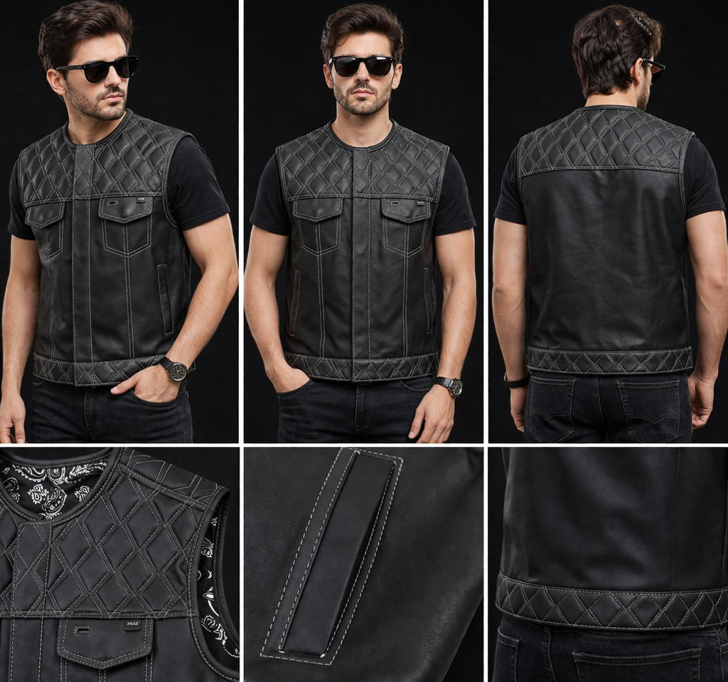 Men’s Black Quilted Leather Vest, Biker Sleeveless Jacket, Stylish Casual Waistcoat for Men