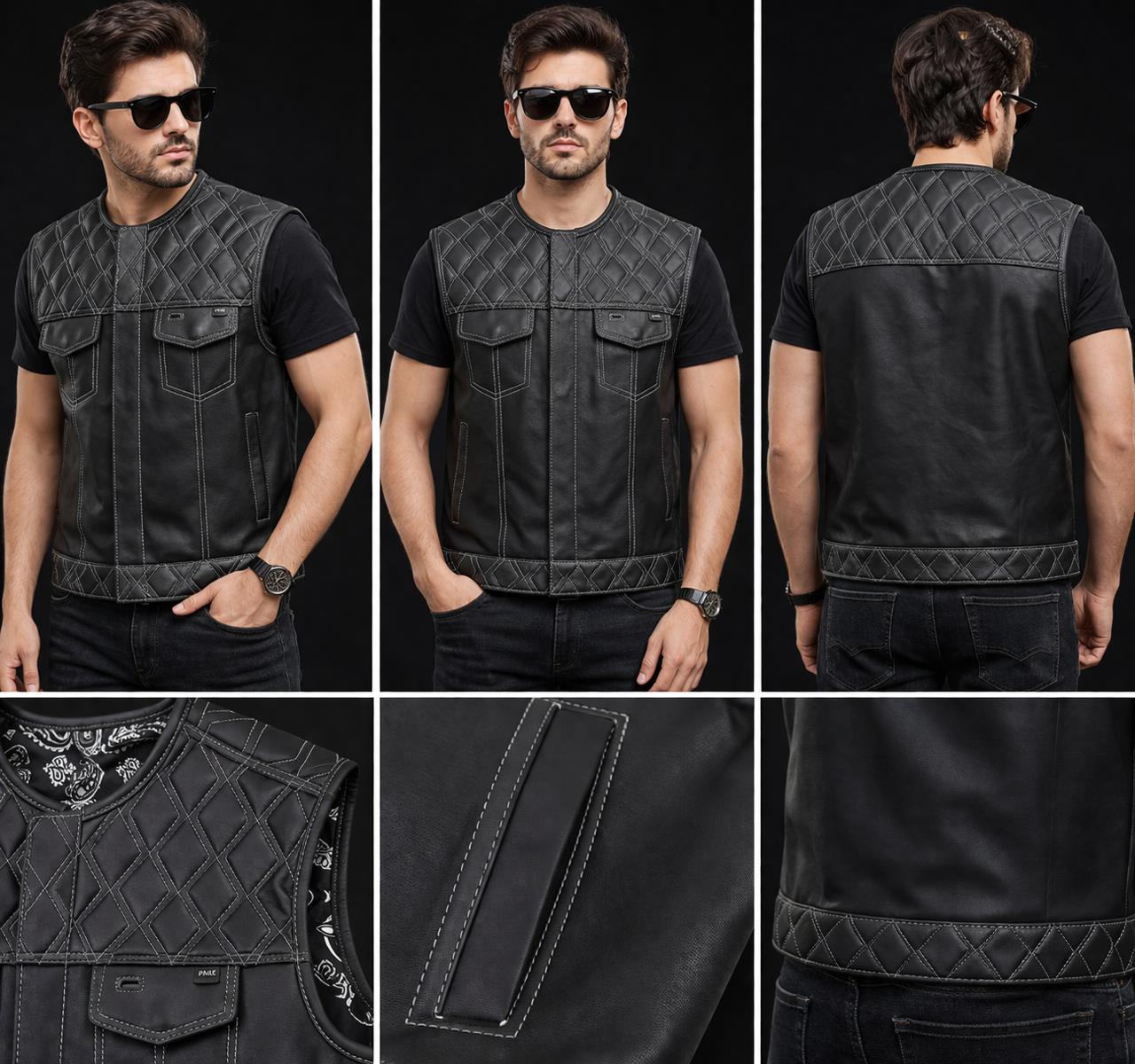 Men’s Black Quilted Leather Vest, Biker Sleeveless Jacket, Stylish Casual Waistcoat for Men
