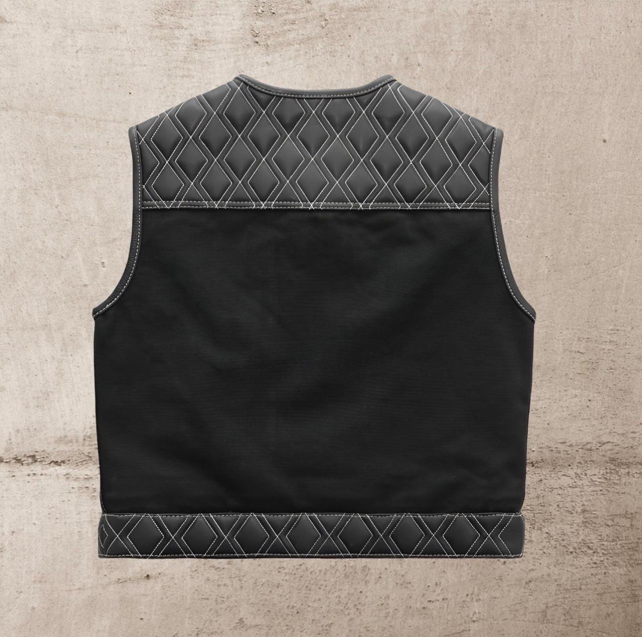Men’s Black Leather Motorcycle Vest | White Diamond Quilted Biker Vest