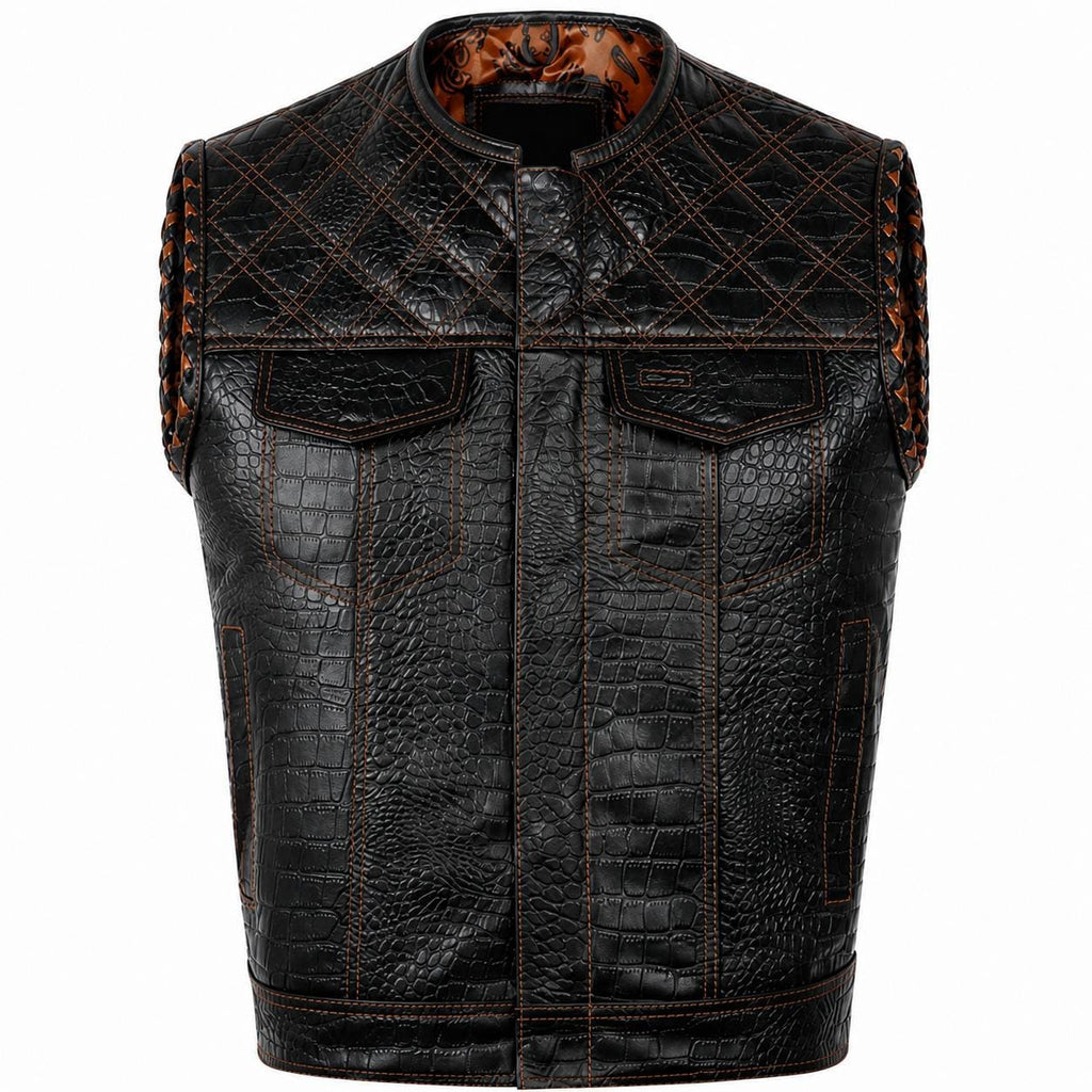 Men’s Black Crocodile Leather Biker Vest – Quilted Motorcycle Vest with Braided Detail