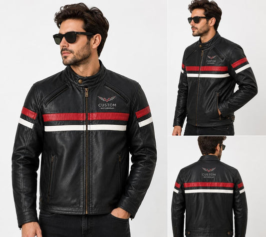 Custom Motorwear Men’s Leather Biker Jacket – Black Genuine Leather Racing Jacket with Red & White Stripes | Handmade Motorcycle Jacket