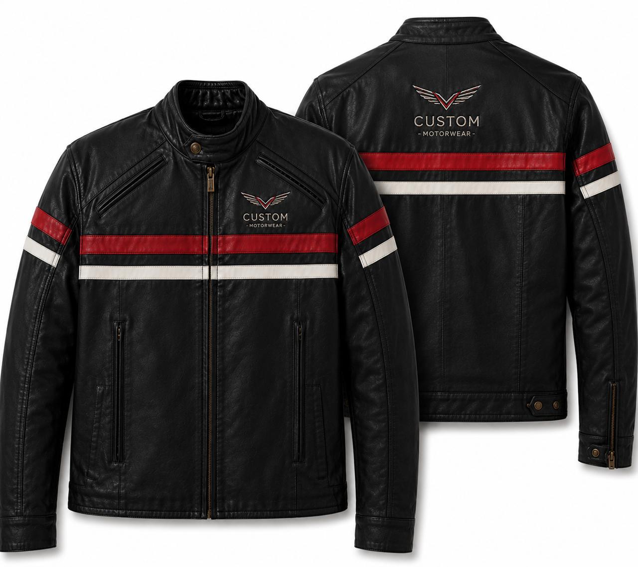 Custom Motorwear Men's Racing Stripe Leather Jacket – Black Café Racer Jacket