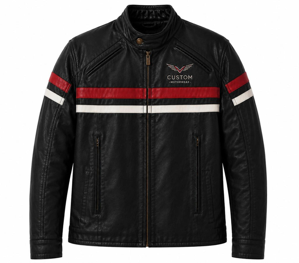 Custom Motorwear Men’s Leather Biker Jacket – Black Genuine Leather Racing Jacket with Red & White Stripes | Handmade Motorcycle Jacket