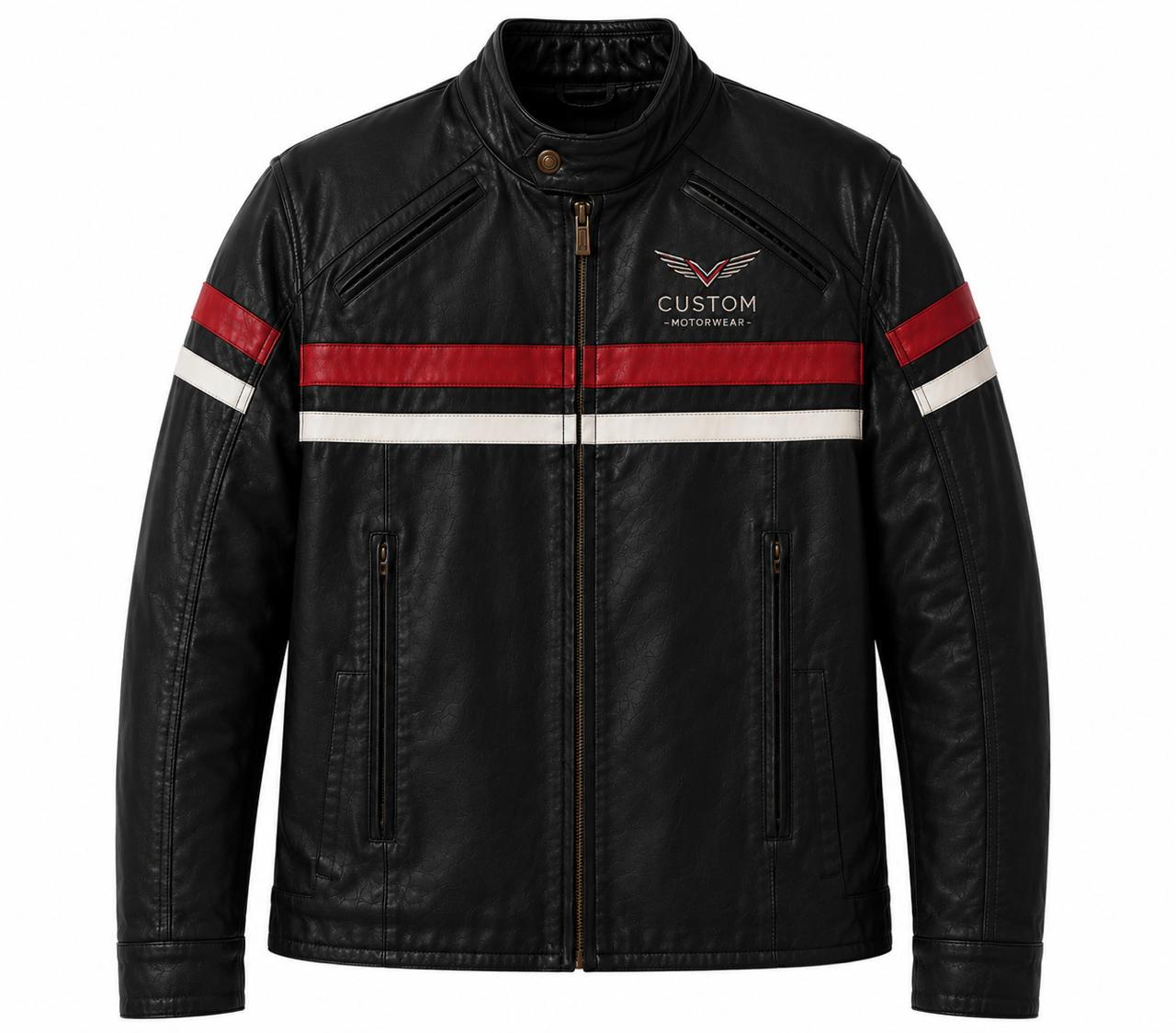 Custom Motorwear Men's Racing Stripe Leather Jacket – Black Café Racer Jacket