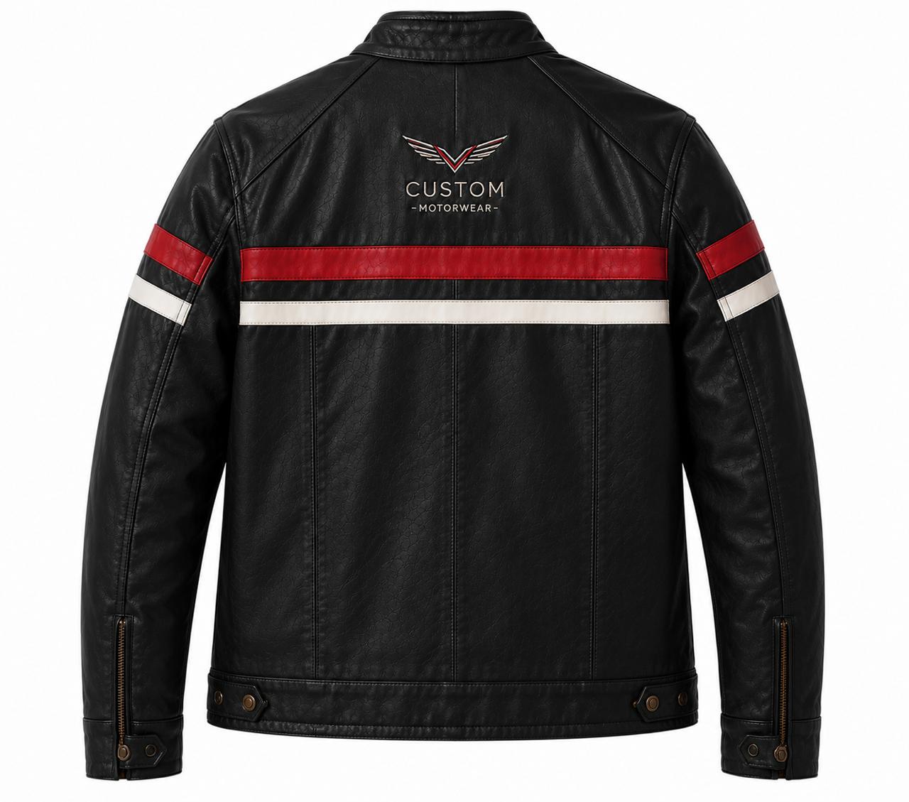 Custom Motorwear Men's Racing Stripe Leather Jacket – Black Café Racer Jacket
