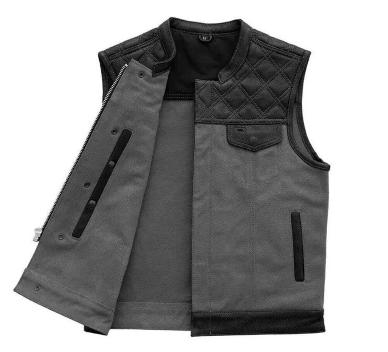 Men’s Black & Grey Quilted Leather Biker Motorcycle Vest