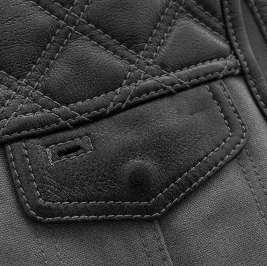 Men’s Quilted Leather Vest, Biker Style Sleeveless Jacket, Grey Black Motorcycle Vest