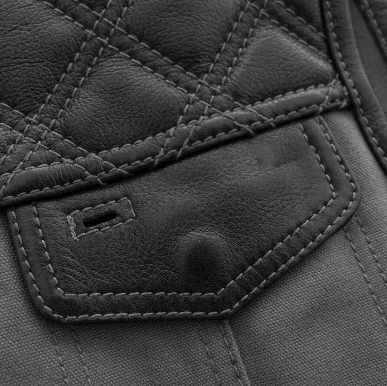 Men’s Black & Grey Quilted Leather Biker Motorcycle Vest
