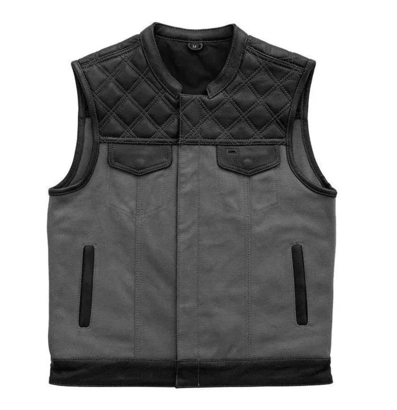 Men’s Black & Grey Quilted Leather Biker Motorcycle Vest