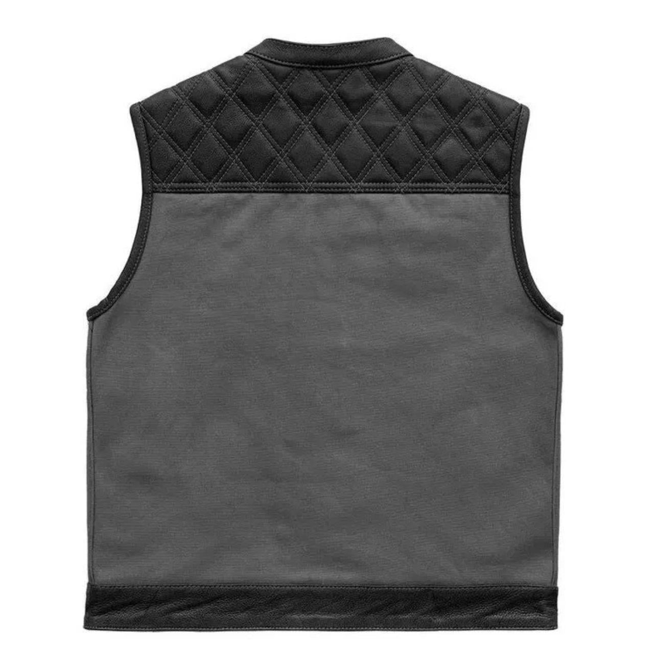 Men’s Black & Grey Quilted Leather Biker Motorcycle Vest