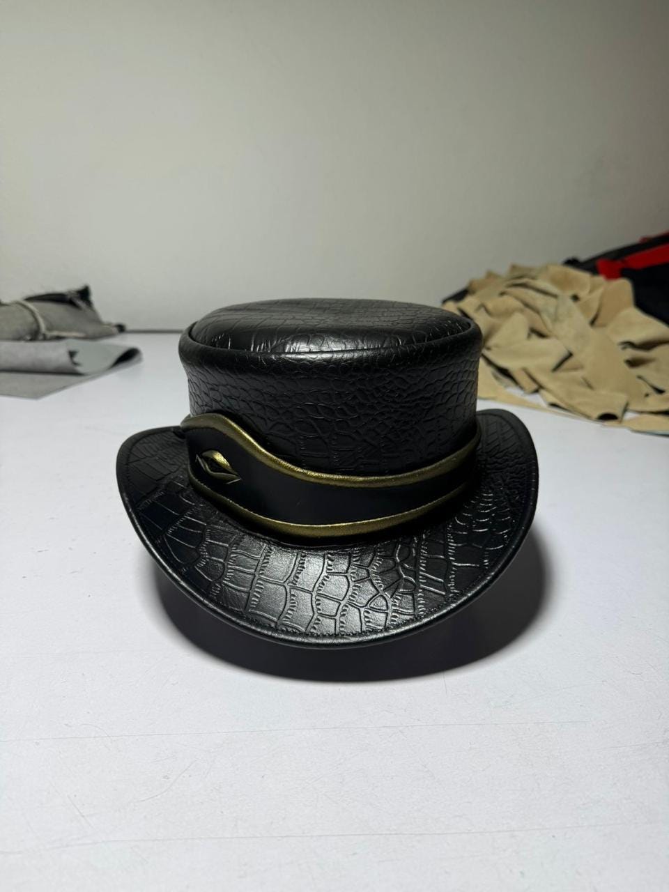 Handcrafted Black Crocodile Embossed Leather Top Hat | Vintage Gothic Steampunk Hat | Premium Statement Fashion Hat for Men