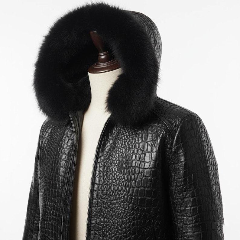 Men’s Black Crocodile Leather Jacket with Fur Hood – Luxury Winter Jacket, Premium Biker Style Coat