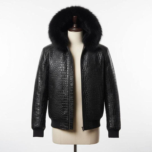 Men’s Black Crocodile Leather Jacket with Fur Hood – Luxury Winter Jacket, Premium Biker Style Coat