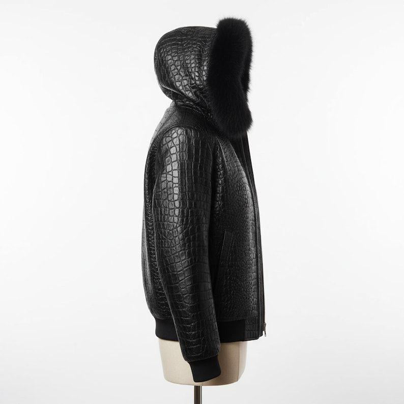 Men’s Black Crocodile Leather Jacket with Fur Hood – Luxury Winter Jacket, Premium Biker Style Coat