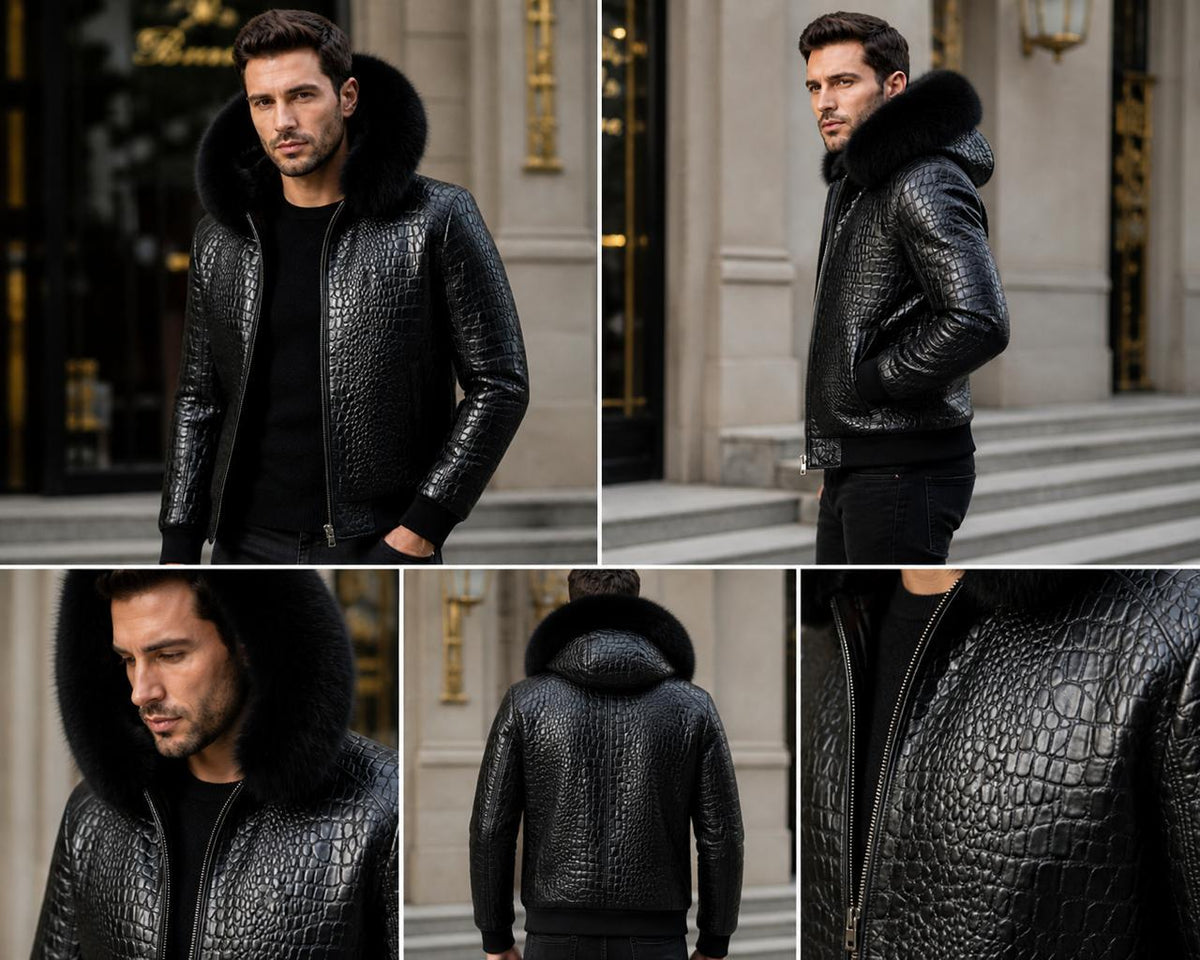 Men’s Black Crocodile Leather Jacket with Fur Hood – Luxury Winter Jacket, Premium Biker Style Coat