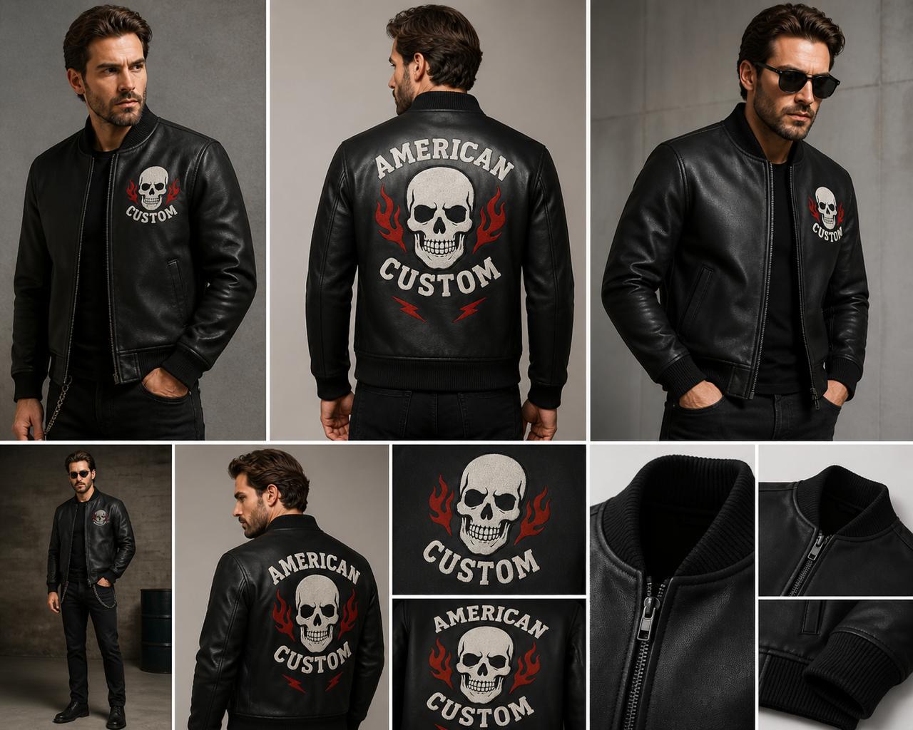 Men's Custom Skull Flame Leather Bomber Jacket – Black Biker Jacket
