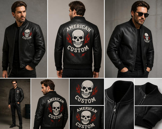 Men’s Skull Leather Jacket – American Custom Biker Jacket, Black Embroidered Motorcycle Jacket, Streetwear Winter Coat for Men