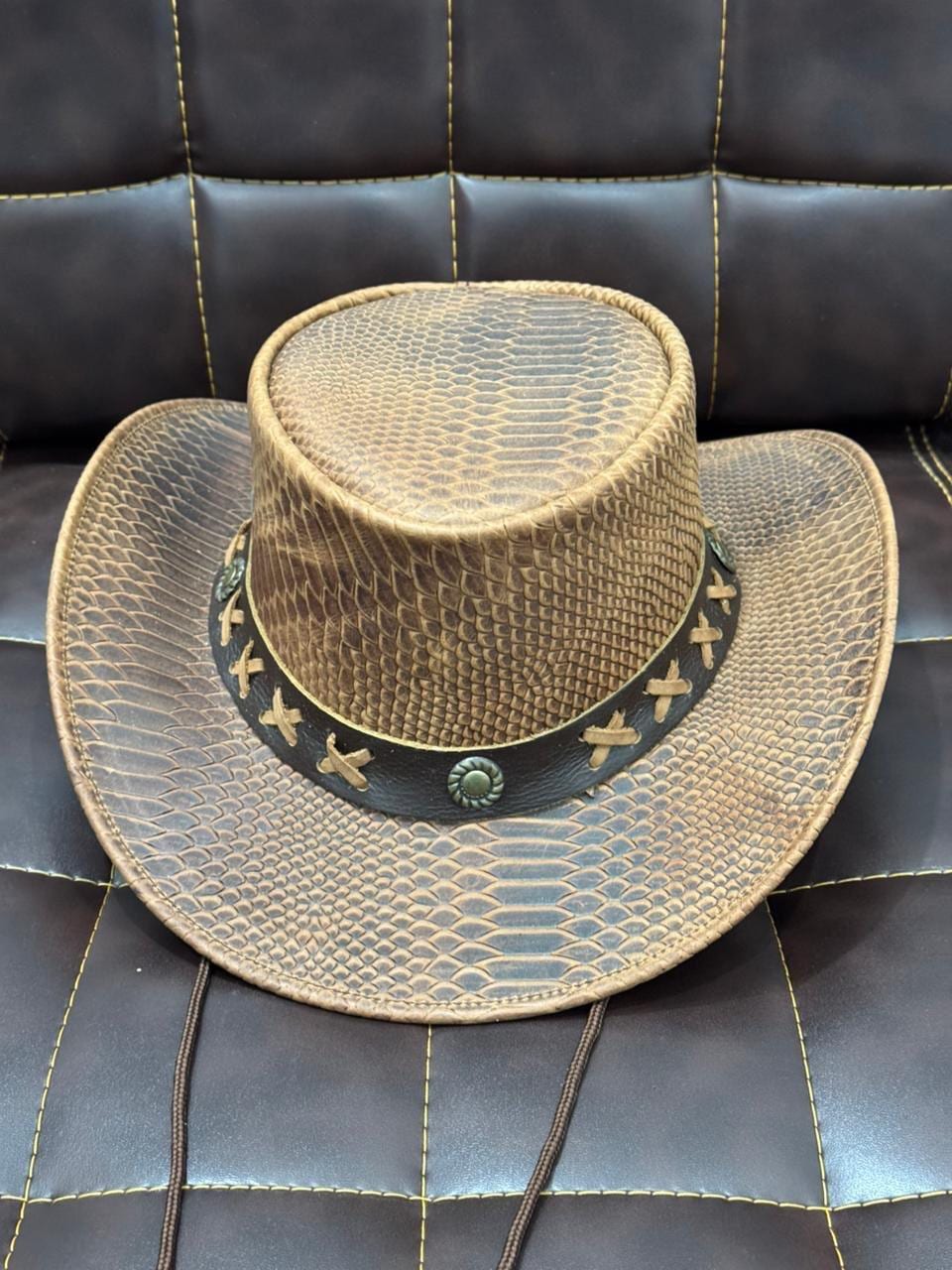 Vintage Western Cowboy Hat for Men – Genuine Leather Cowboy Hat, Handmade Snake Texture Hat, Rodeo Ranch Western Hat