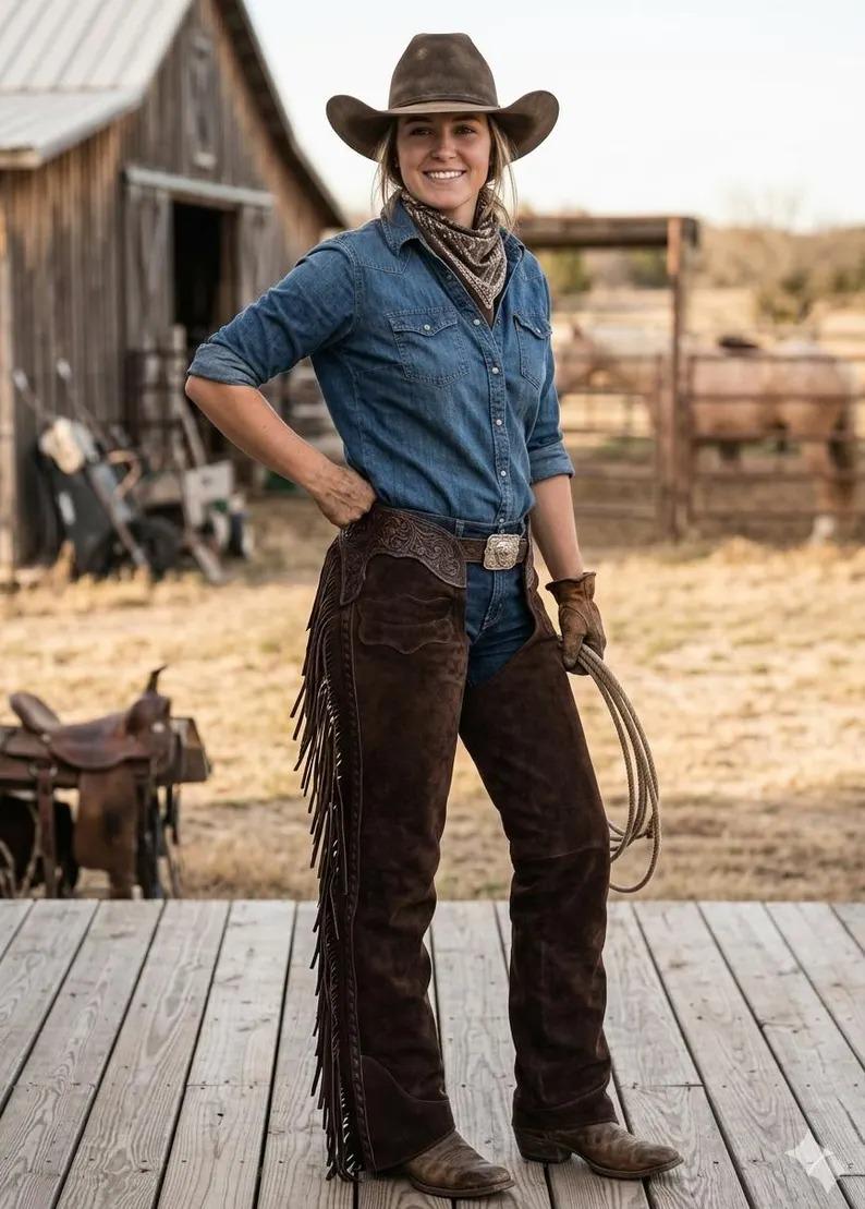 Men’s Western Leather Chaps with Fringe | Cowboy Riding Chaps | Brown Genuine Leather Motorcycle & Ranch Wear | Handmade Cowboy Pants
