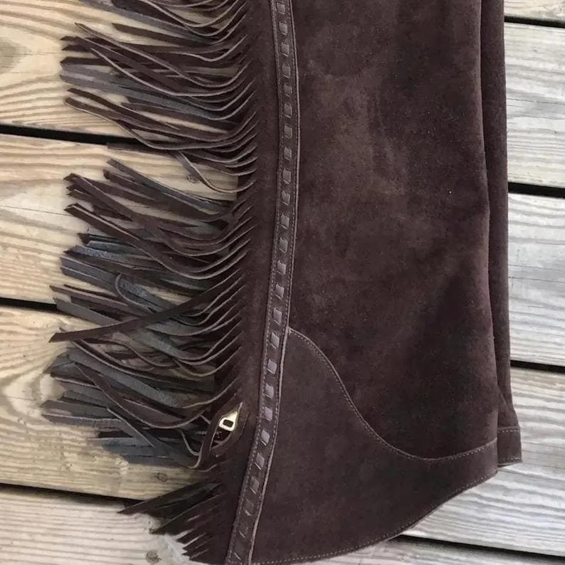 Men’s Western Leather Chaps with Fringe | Cowboy Riding Chaps | Brown Genuine Leather Motorcycle & Ranch Wear | Handmade Cowboy Pants