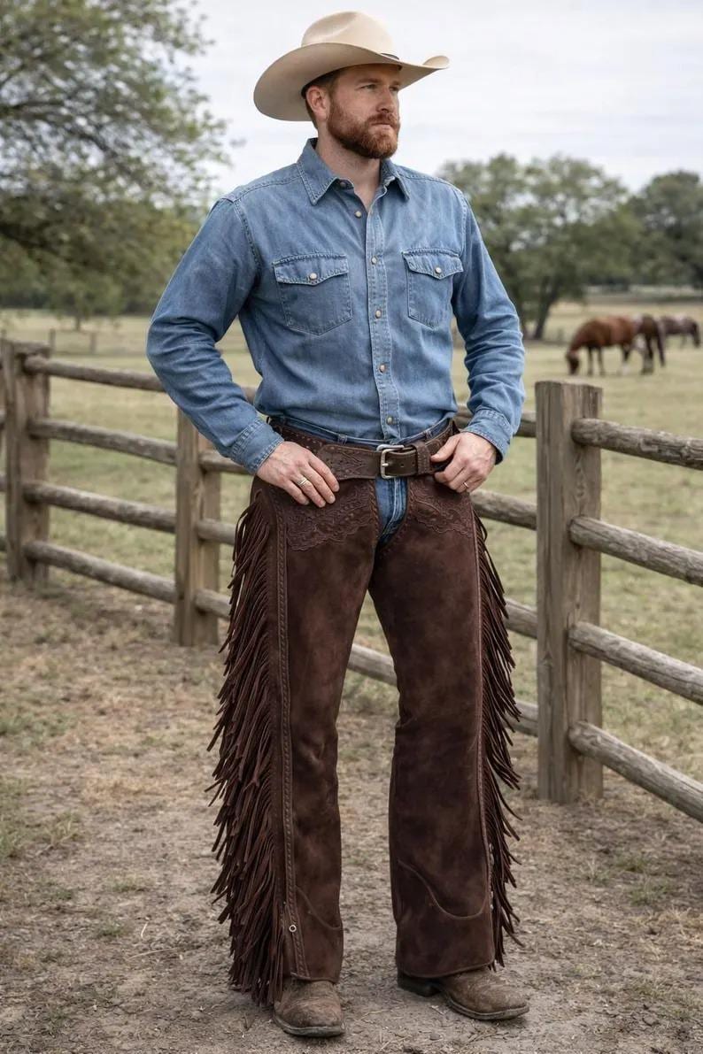 Men’s Western Leather Chaps with Fringe | Cowboy Riding Chaps | Brown Genuine Leather Motorcycle & Ranch Wear | Handmade Cowboy Pants