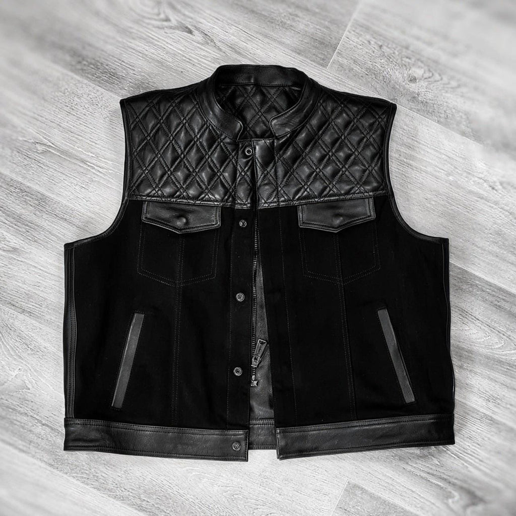 Men’s Double Sided Leather & Denim Vest | Reversible Biker Vest | Genuine Leather and Jeans Style Motorcycle Vest Handmade Sleeveless Jacket