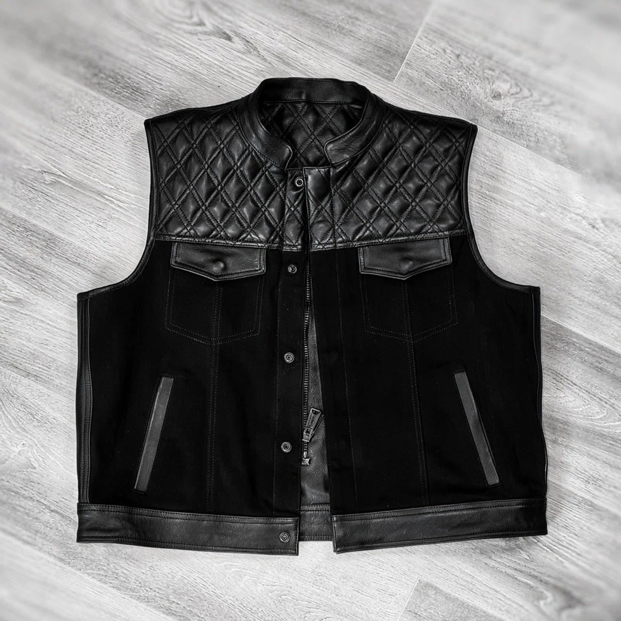 Men’s Double Sided Leather & Denim Vest | Reversible Biker Vest | Genuine Leather and Jeans Style Motorcycle Vest Handmade Sleeveless Jacket