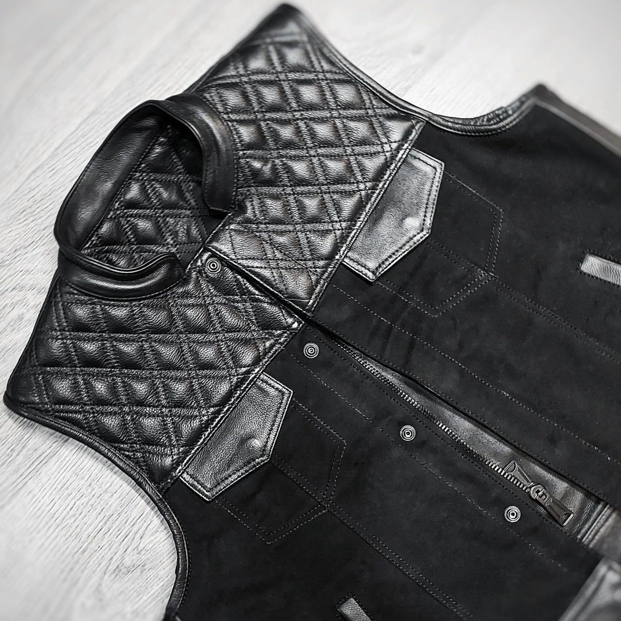 Men’s Double Sided Leather & Denim Vest | Reversible Biker Vest | Genuine Leather and Jeans Style Motorcycle Vest Handmade Sleeveless Jacket